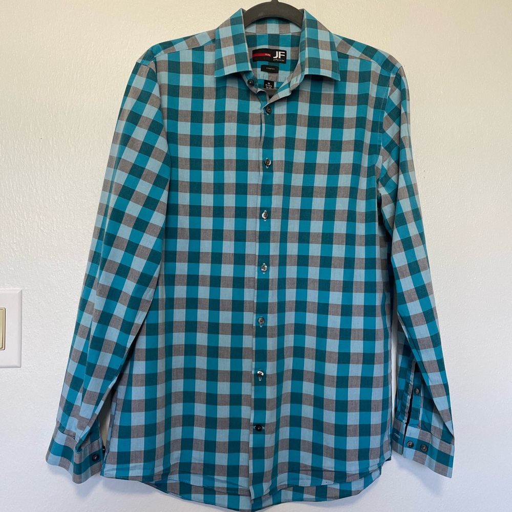 MENS J F FERRAR BUTTON DWN MED SHIRT TEAL PLAID 15-15 1/2 34-35 SLIM STRETCH